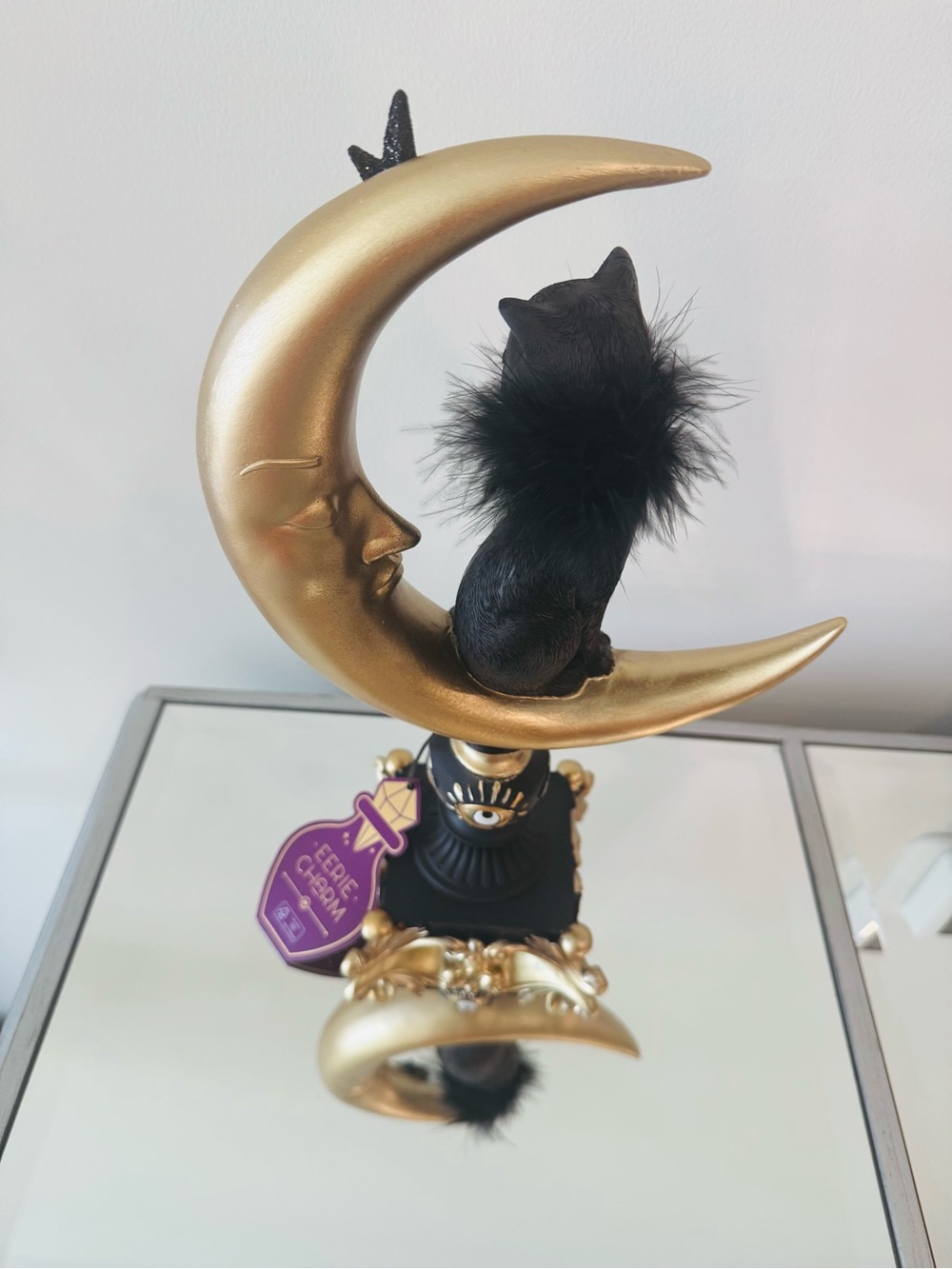 NEW Eerie Charm Celestial Moon Holding Black Cat With Fur CollarHalloween Decor - Picture 4 of 4
